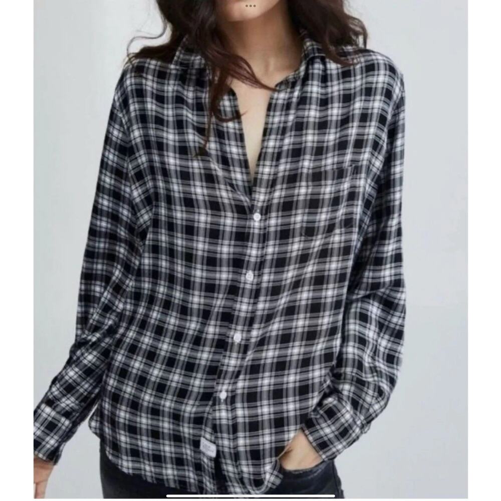 Frank & Eileen Eileen Relaxed Button Up Shirt Black White Plaid XS Oversized